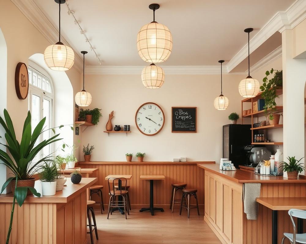 Inside Angel Boba & Crepe Bar — warm wood counters, paper lanterns, plants